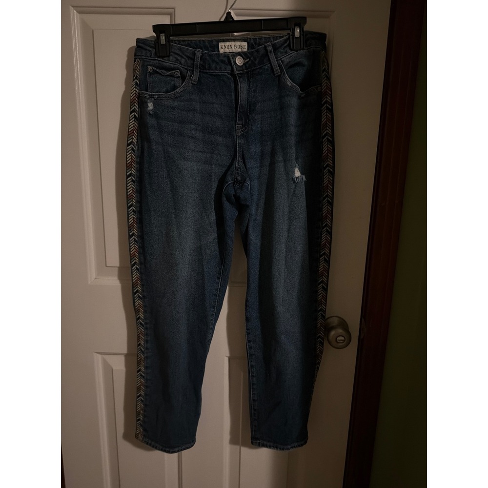 Knox Rose Womens Embroidered Side Stripe Distressed Boyfriend Jeans Blue Medium